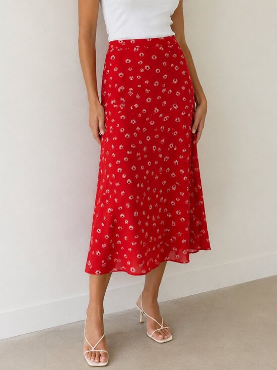 Aritzia Dresses & Skirts - Aritzia Wilfred Floral Midi Skirt Drapey Flowy Red White Daisy Size 2